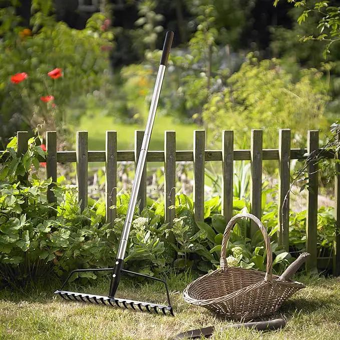 Garden Rake, Metal Sturdy and Heavy Duty Metal Rake, 16-Tine Bow Rake with Adjustable Stainless Steel Handle, Long Shaft for Loosening Soil, Leveling Mulch, Gathering Leaves by GreenHaven Gardens