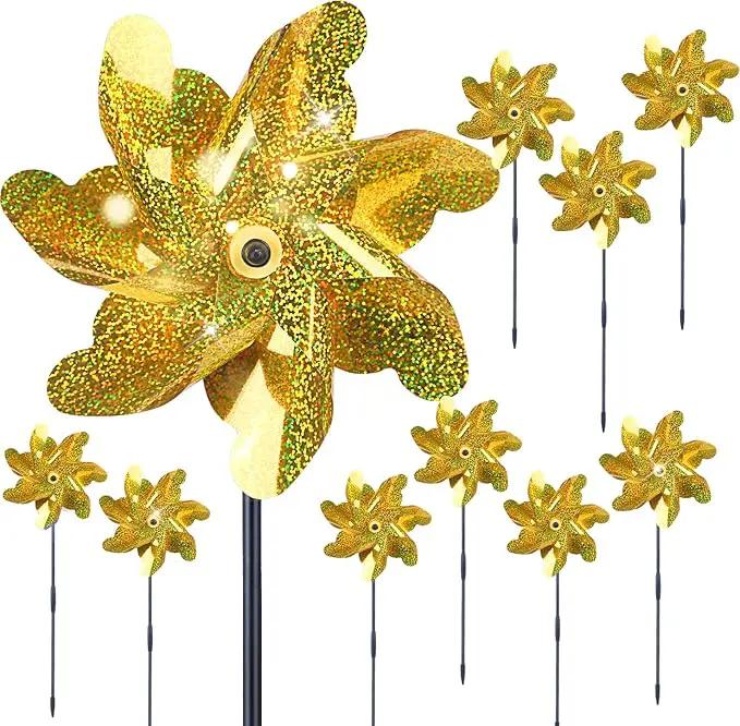 BATTIFE Golden Pinwheels for Garden, 10 Pack Reflective Wind Spinner to Scare Birds Away, Sparkly Pinwheel Deterrent, Outdoor Gold Pinwheel for Lawn and Patio by GreenHaven Gardens