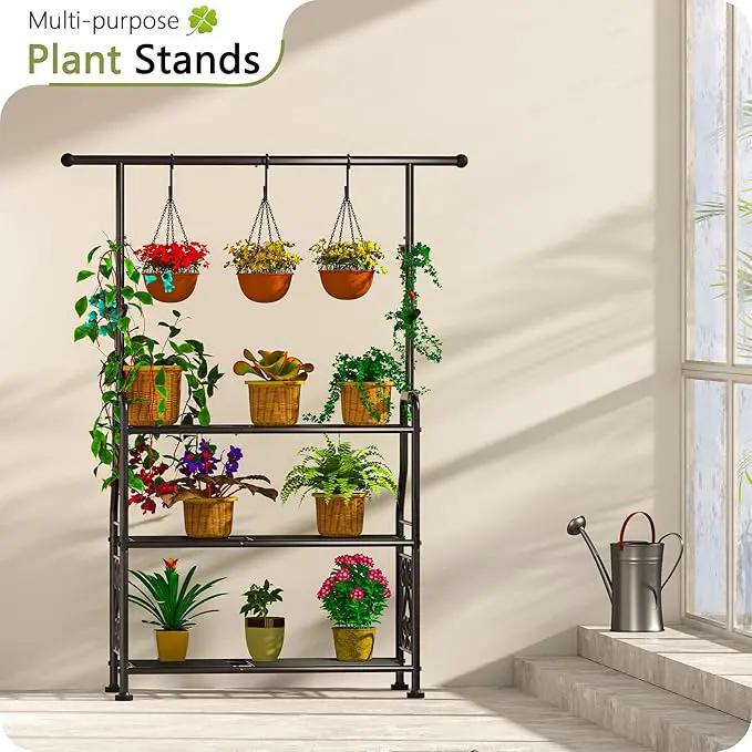 GIOTORENT Plant Stand Indoor Outdoor, 3-Tier Heavy Duty Metal Shelves, Display up to 14 Multiple Plants, Tall Plant Holder with Plant Hanger, Suit for Patio Living Room Garden Balcony, 5 Hooks, Black by GreenHaven Gardens