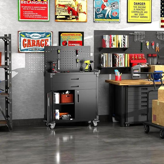 Tool Chest, Tool Cart with 2 Drawer and Lockable Doors, Garage Storage Cabinet with Wheels, Pegboard and 4 Hooks for Garage, Workshop, Metal Tool Storage Cart by GreenHaven Gardens