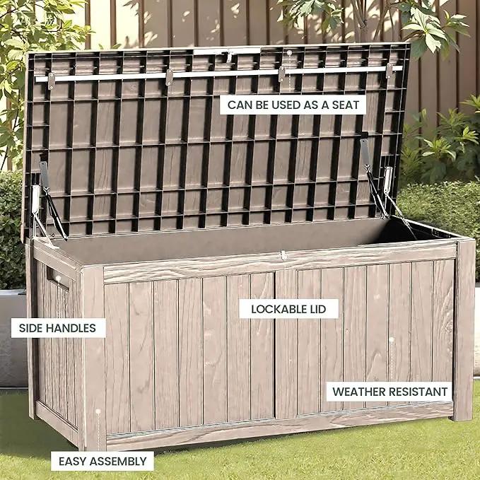 120 Outdoor Storage Box, Waterproof Resin Deck Box for Indoor & Outdoor Use, Lockable Storage Bench with Piston Hinge, Storage Bin for Patio Cushions, Garden Tools, Package Delivery, Grey by GreenHaven Gardens
