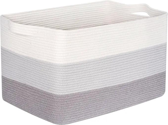 MINTWOOD Design 22in Extra Large Blanket Basket Holder Living Room, Rectangle Rope Woven Storage Basket with Handles for Laundry, Pool Towels, and Shoes, Dog Toy Organizer Bin Box, 3-Tone Light Gray by GreenHaven Gardens