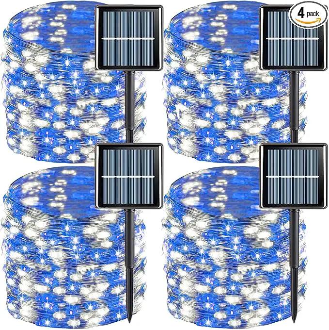 QITONG 4 Pack Blue and White Solar Fairy Lights, Each 33ft 100 LED String Light, 8 Modes Silver Wire Solar Twinkle Lighting for Tree Garden Yard Christmas by GreenHaven Gardens