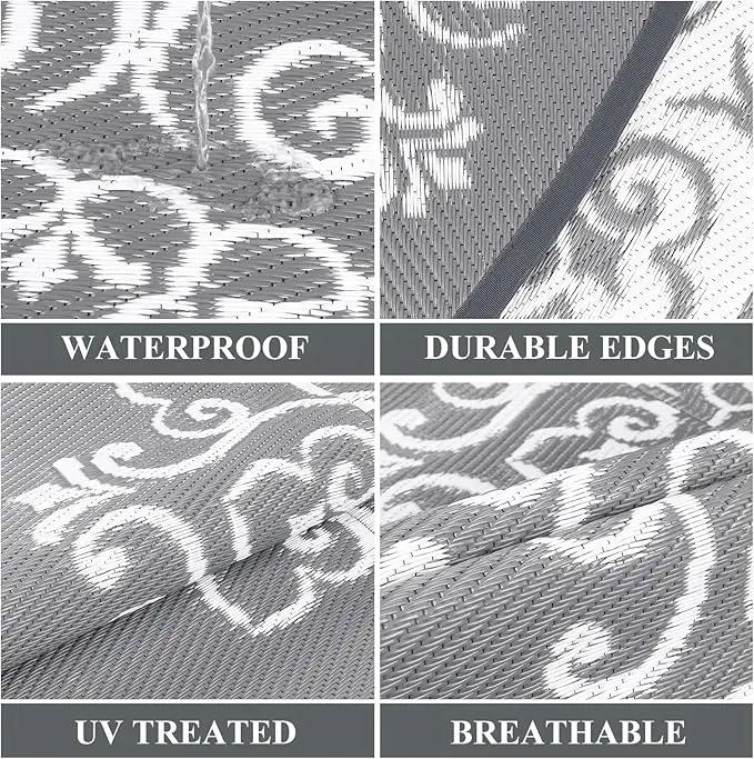 Pauwer Waterproof Outdoor Rug 8ft, Reversible Plastic Straw Patio Camping Rug, Indoor Outdoor RV Mat Carpet for Deck, Camper, Porch, Balcony, Backyard, Picnic, Floral Grey by GreenHaven Gardens