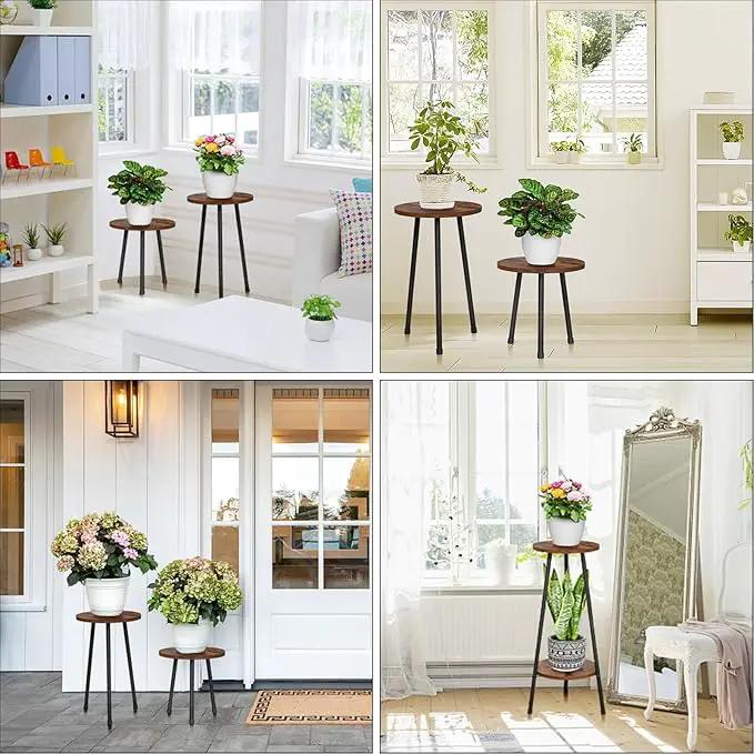 2 Pack Indoor Plant Stand, Mid-Century Wooden Style Plant Holder, Indoor Outdoor Flower Stand,Small Round Table, Two Different Sizes(Black) by GreenHaven Gardens