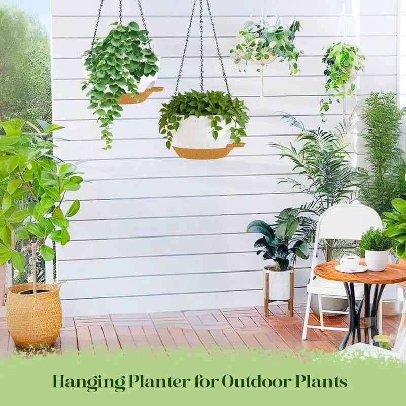 10 Inch Hanging Planters with Chains 2 Pack Self Watering White Brown Plastic Hanging Pots for Indoor Outdoor Plants, Garden Porch Home Decor (White Brown) by GreenHaven Gardens