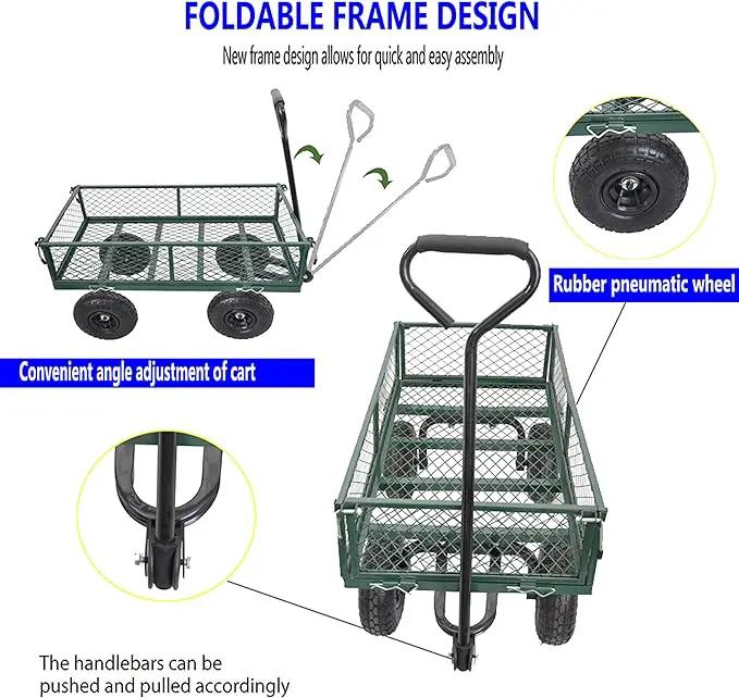 Heavy Duty 400 Lbs Capacity Mesh Steel Garden Cart Folding Utility Wagon with Removable Sides Multi-Purpose by GreenHaven Gardens
