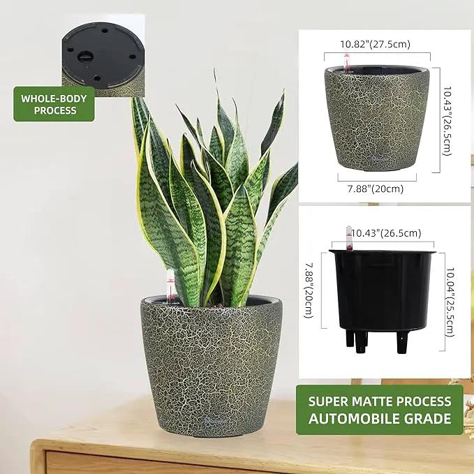 Dexceder 11x10 Inches Self Watering Planter Indoor Outdoor, Inner Pot Design, Thickened Table Flower Plant Pot with Water Level Indicator (Black Gold Crackle) by GreenHaven Gardens