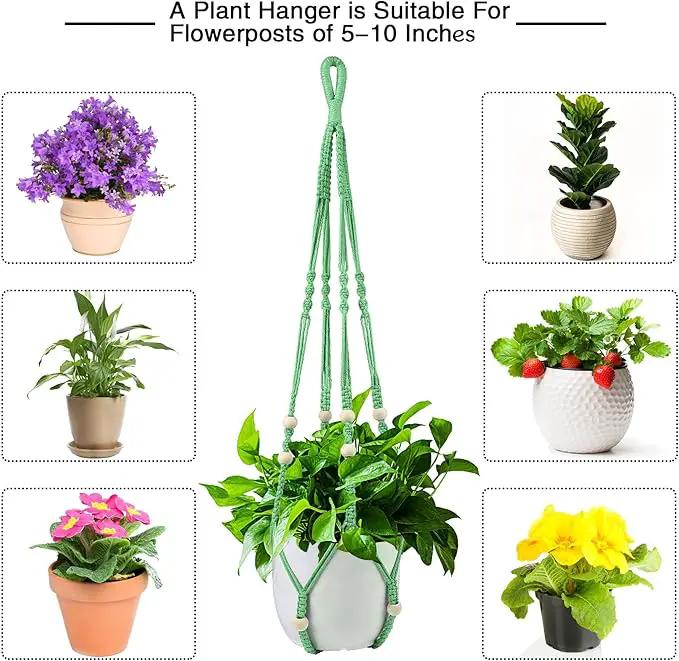 Augshy Macrame Plant Hangers Green Hanging Planters for Indoor Outdoor Home Decor, Hanging Plant Holder No Tassels Set of 2 with 4 Hooks