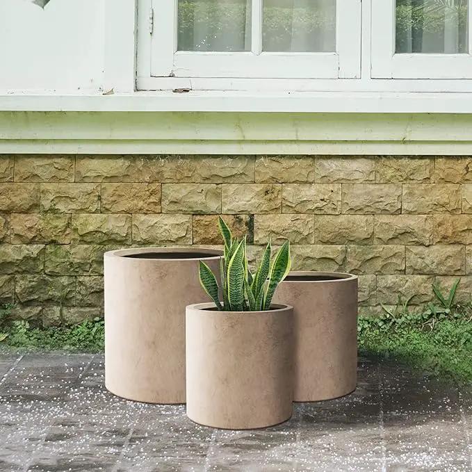 Kante 9.8",12.6",15.7" Dia Round Concrete Planter Set of 3, Modern Style Large Cylindrical Plant Pot with Drainage Hole and Rubber Plug for Indoor Outdoor Patio, Weathered Concrete by GreenHaven Gardens
