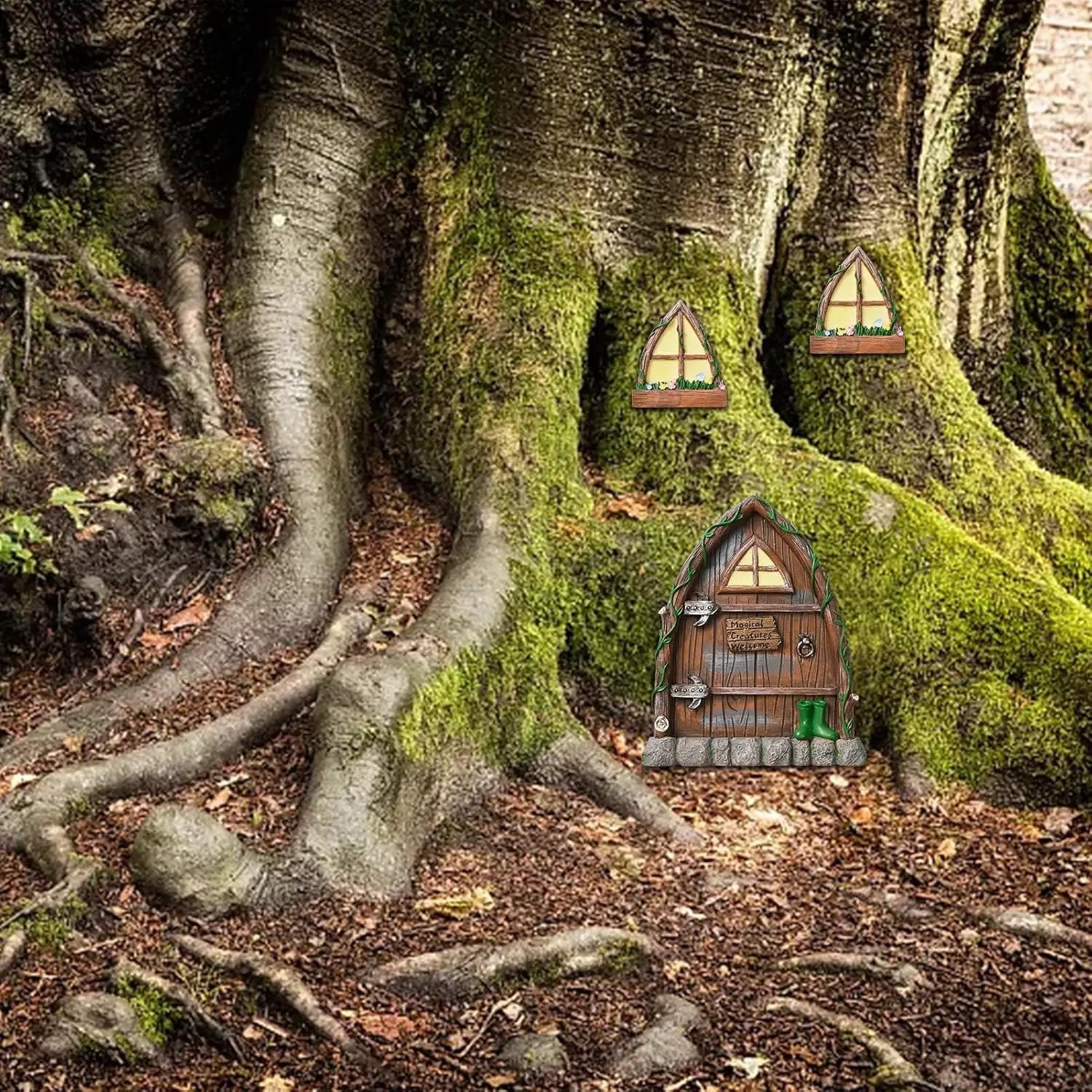 Resin Fairy Door and Window for Trees,Glow in The Dark,Miniature Fairy Garden Accessories,Garden Outdoor Decor for Trees,Gnomes House，Elf House by GreenHaven Gardens