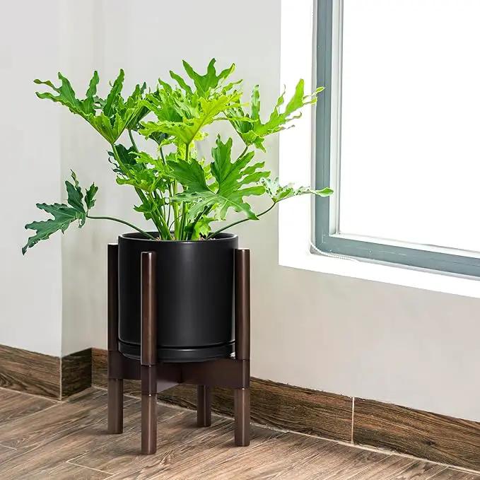 D'vine Dev Ceramic Planter with Walnut Color Stand - 8 Inch Modern Round Flower Pot with Wood Planter Holder, Black, 55-B-Y-2 by GreenHaven Gardens