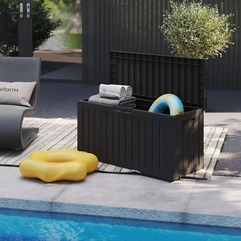 80GAL Black Resin Deck Box - Large Waterproof Storage for Patio Furniture, Pool Floats & Garden Supplies - Lockable, UV-Resistant for Backyards, Pool Decks by GreenHaven Gardens