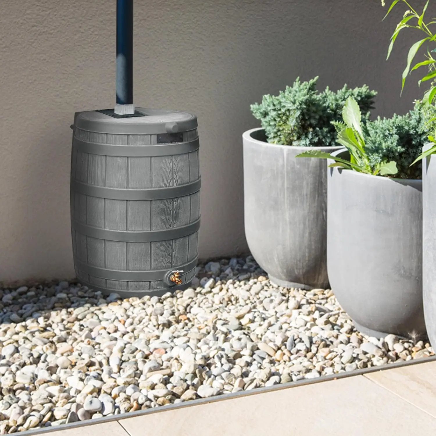 Good Ideas Rain Wizard 50 Gallon Plastic Outdoor Home Water Storage Tank Rain Barrel Collector with Brass Spigot and Flat Back Design, Gray by GreenHaven Gardens