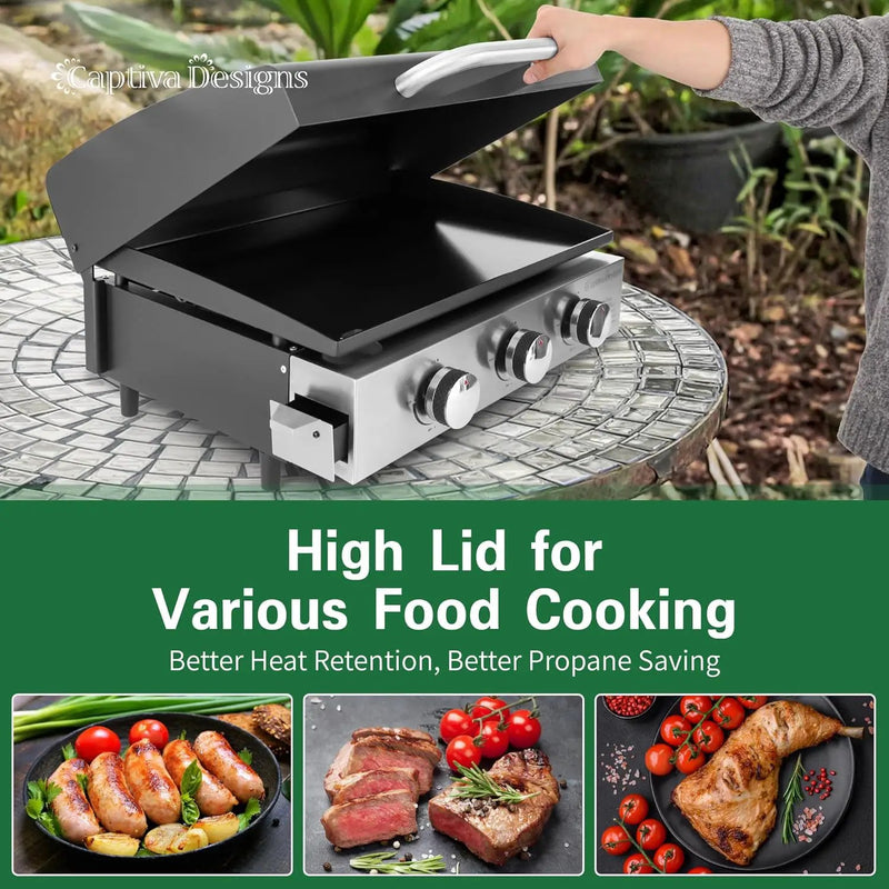Captiva Designs 22 in Flat Top Grill with Ceramic Coated Cast Iron Pan, Portable Tabletop Propane Gas Griddle Grill for Camping, Outdoor & Tailgating Barbecue, 24,000 BTU Output, 3 Burners by GreenHaven Gardens