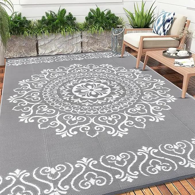 Pauwer Waterproof Outdoor Rug 8x10, Reversible Plastic Straw Patio Camping Rug, Indoor Outdoor RV Mat Carpet for Deck, Camper, Porch, Balcony, Backyard, Picnic, Floral Grey by GreenHaven Gardens