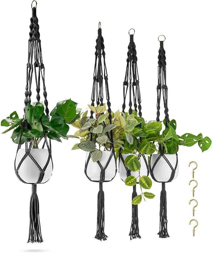 Sorbus Macrame Plant Hanger (4 Pack) Indoor Outdoor Hanging Plant Pots Cotton Rope, Elegant for Home, Patio, Garden (Black) by GreenHaven Gardens