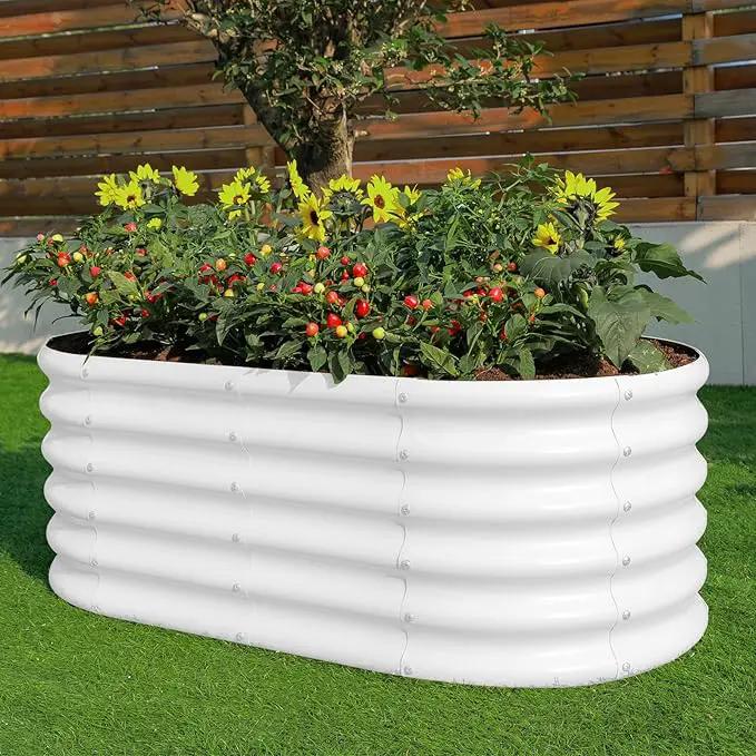 Land Guard 18“ Tall 4×2ft Galvanized Raised Garden Bed Kit, Galvanized Planter Garden Boxes Outdoor, Oval Large Metal Raised Garden Bed for Vegetables……… (Pearl White, 4×2×1.5ft) by GreenHaven Gardens