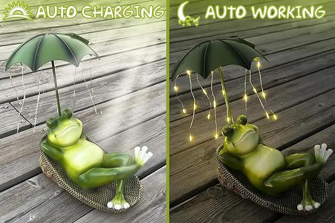 Frogs Garden Outdoor Decor Statue - Solar Frog Umbrella Pond Statues LED Waterproof, Resin Cute Animal Sculpture Lights, Ideal Ornament for Yard Lawn Patio, Women/Gardening Decoration Gifts by GreenHaven Gardens