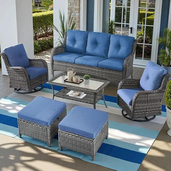 Outdoor Wicker Patio Furniture Set - 6 Piece Rattan Patio Conversation Set with 2 Rocking Swivel Chairs,2 Ottomans,1 Sofa and 1 Coffee Table for Porch Deck Backyard Garden(Mixed Grey/Blue) by GreenHaven Gardens