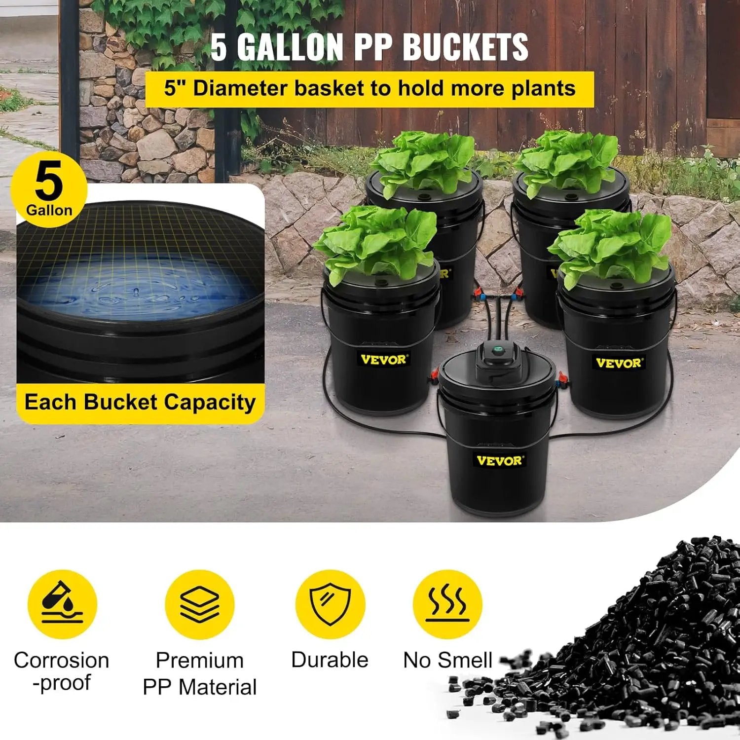 VEVOR DWC Hydroponic System, 5 Gallon 5 Buckets, Deep Water Culture Growing Bucket, Hydroponics Grow Kit with Pump, Air Stone and Connected Reservoir, for Indoor/Outdoor Leafy Vegetables by GreenHaven Gardens