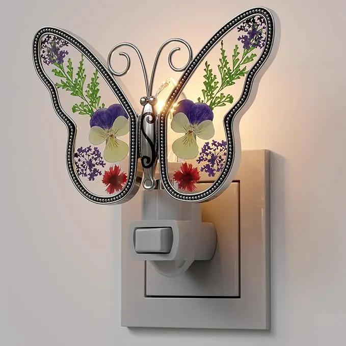 KY&BOSAM Butterfly Night Light Plug into Wall Night Lights Real Flower Glass and Metal Nightlights for Hallway Nursery Bedroom Bathroom Kids Room Kitchen Stairway Accent Elegant Themed Home Decoration by GreenHaven Gardens