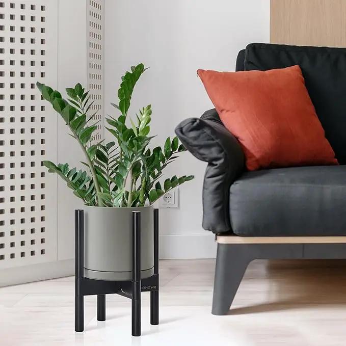 D'vine Dev Ceramic Planter with Ebony Stand - 8 Inch Modern Round Flower Pot with Wood Planter Holder, Grey, 55-B-M-3 by GreenHaven Gardens