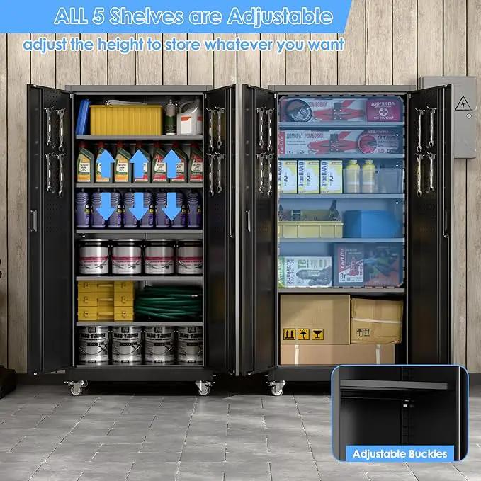 71" H×34" W×18" D Metal Garage Storage Cabinet with Wheels & Pegboard, Lockable Metal Storage Cabinets with 2 Doors&5 Adjustable Shelves for Garage&Home,Assembly Required,Black by GreenHaven Gardens