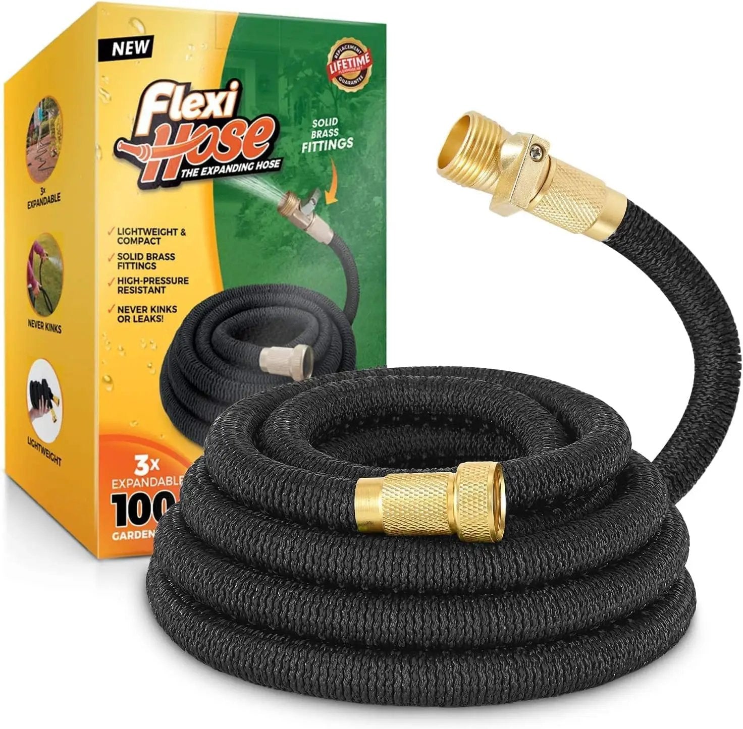 Flexi Hose Lightweight Expandable Garden Hose, No-Kink Flexibility, 3/4 Inch Solid Brass Fittings and Double Latex Core (100 FT, Black) by GreenHaven Gardens