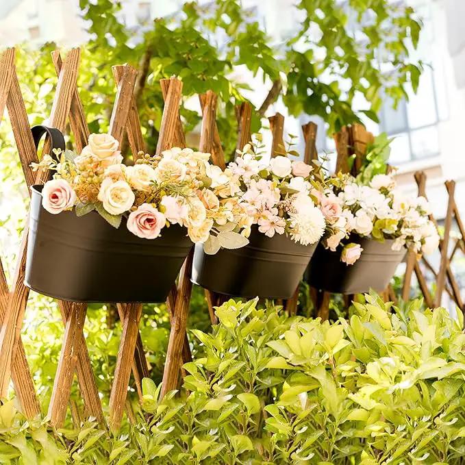 3 Pack Metal Hanging Flower Pots for Railing Fence，Outdoor Balcony Rail Planter with Detachable Hooks Drainage Holes for Deck Garden Home Decor Black by GreenHaven Gardens