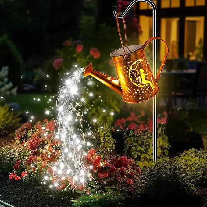 Big Solar Powered Watering Can Lantern & Moon Fairy Garden Decor Set Outdoor Waterproof Hanging Path Lights with Shepherd Hooks, Perfect Patio Decor Gardening Gift for Women, Mom, Grandma (Cool White) by GreenHaven Gardens