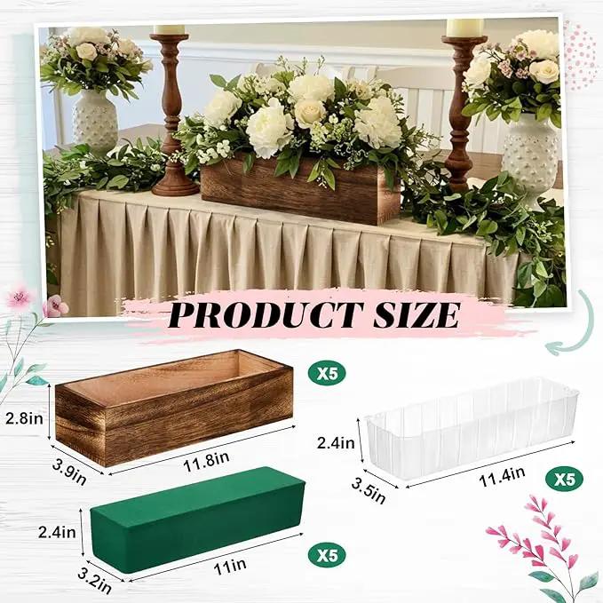 Dandat 5 Set Wood Boxes for Centerpieces Rectangle Wooden Planter Box Rustic Wood Planter with Removable Plastic Liner Floral Foam Blocks for Centerpieces Home Wedding Garden Decor (12x4 Inch) by GreenHaven Gardens