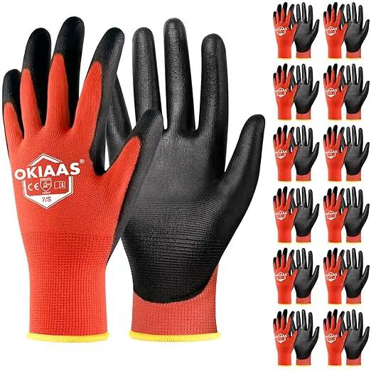 OKIAAS Men's Lightweight Construction Gloves with Grip, 12 Pairs, Red, Small by GreenHaven Gardens