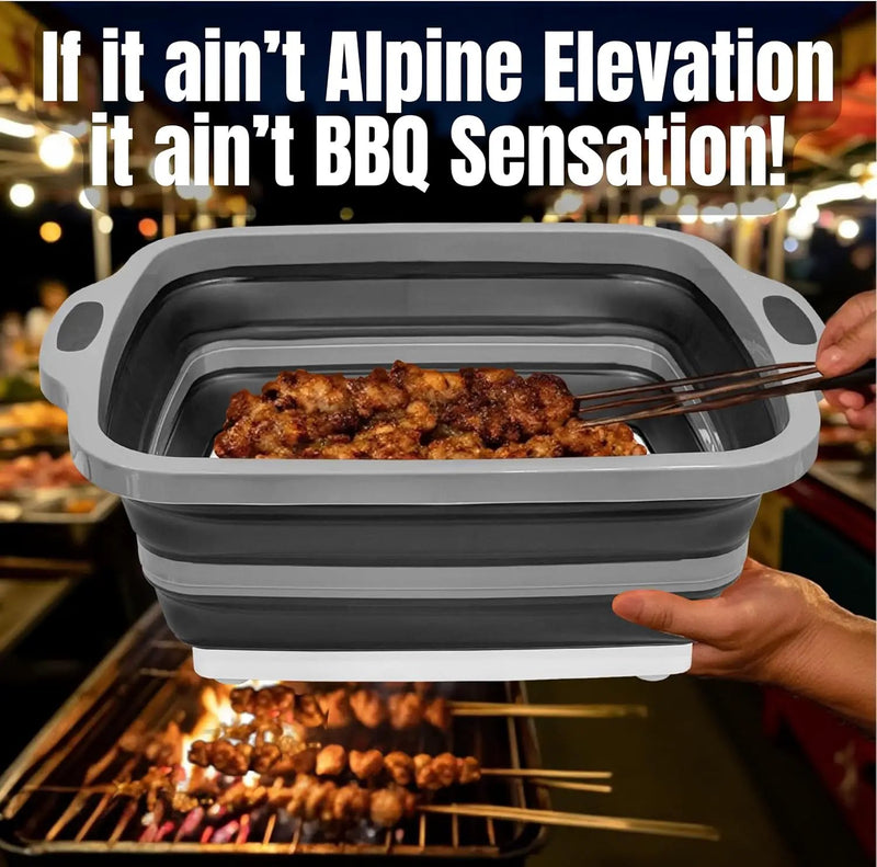 Collapsible X-Large (16L) BBQ Marinating Tub w/Cutting Board | Multipurpose Food-Grade TPE Prep Tub w/Lid | Built-In Colander & Drain Plug - For Camping | Tailgate | Picnic - Slate Black by GreenHaven Gardens