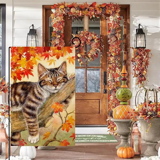 BLKWHT Fall Cat Garden Flag 12x18 Vertical Double Sided Autumn Leaves Thanksgiving Holiday Outside Decorations Burlap Yard Flag BW699 by GreenHaven Gardens