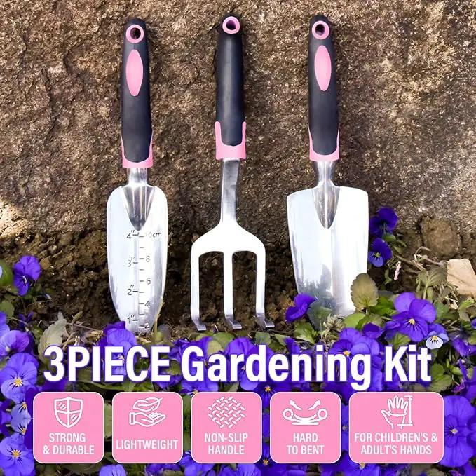 Garden Tool Set SOYUS Heavy Duty 3 Piece Gardening Hand Tools Aluminum Garden Shovel for Planting Hand Trowel Cultivator Rake with Ergonomic Non-Slip Rubber Grip Pink Gardening Gifts for Women by GreenHaven Gardens