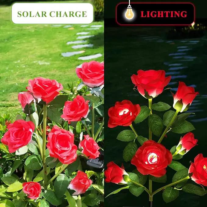 2 Pack Solar Garden Lights Outdoor, 7-Flower Rose LED Stake Light for Yard Patio Pathway Lawn Fence Cemetery, Red by GreenHaven Gardens