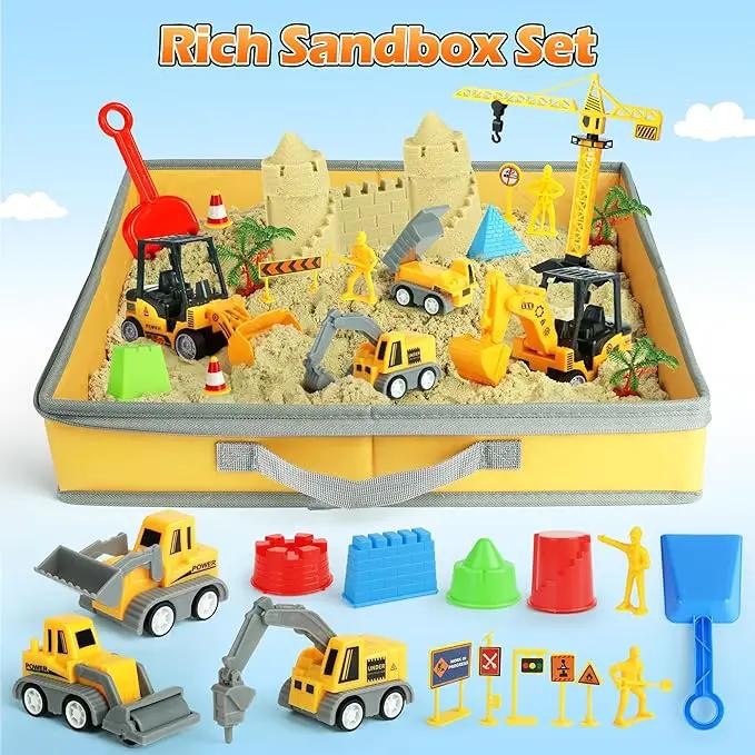 Sand Construction Site Kit - 37 Pcs Play Sand Art Kit with 8 Construction Trucks, Folding Sandbox, 2.2 lbs Magic Sand, Crane, Worker, Road Signs, Molds, Shovel - Ideal Toys for Boys Girls Age 3+ by GreenHaven Gardens