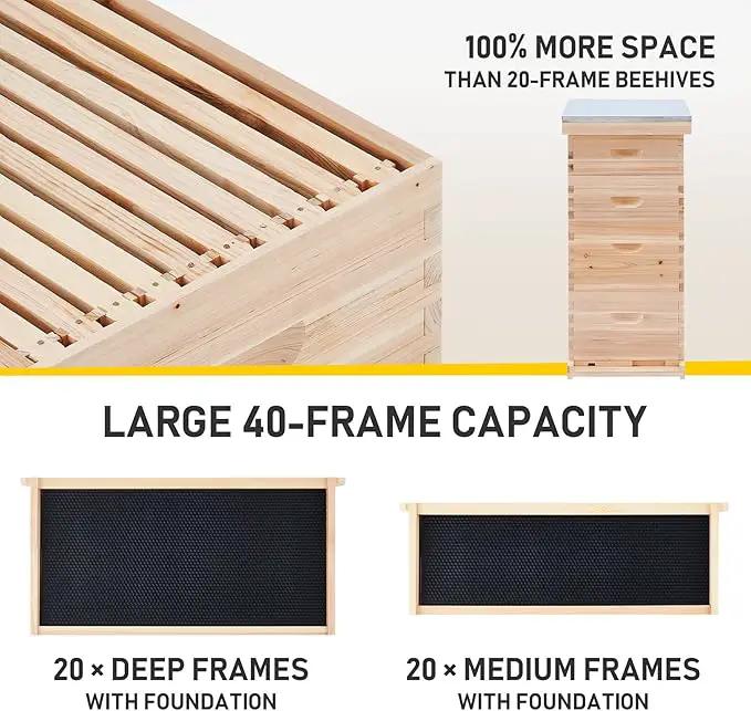 CREWORKS Bee Hive Boxes Starter Kit, Langstroth Beehive for Bee Keeping, 4 Layer Bee House with 20 Medium and 20 Deep Frames & Foundations, Beekeeping Supplies with Plastic Queen Excluder and Nails by GreenHaven Gardens
