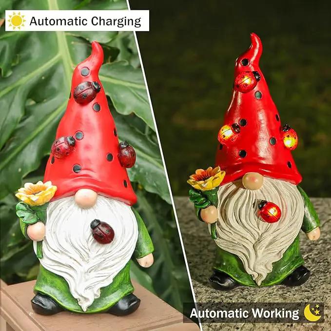 Garden Gnome Statue, Resin Sunflower Ladybug Gnome Figurine with Solar Lights for Porch Patio Yard Outdoor Decor by GreenHaven Gardens