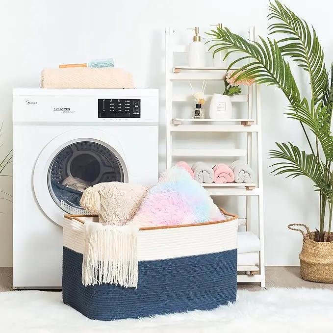 MINTWOOD Design 22in Extra Large Blanket Basket Holder Living Room, Rectangle Rope Woven Storage Basket with Handles for Laundry, Pool Towels, and Shoes, Dog Toy Organizer Bin Box, Prussian Blue by GreenHaven Gardens