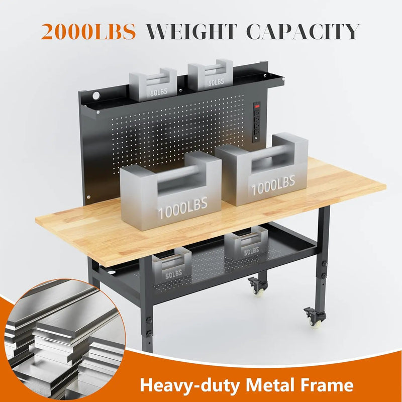 60" Heavy Duty Adjustable Workbench with Large Pegboard& Partition, Adjustable Work Table with Power Outlets & Lockable Wheels, Rubber Wood Workstation for Garage, Workshop, Office, Home, Commercial by GreenHaven Gardens