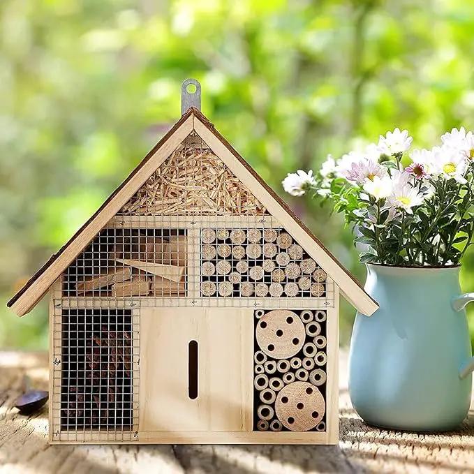 Small Insect Hotel with Bark Roof - Untreated Natural Wood Insect House for Bees, Ladybugs, Lacewings & Butterflies - Nesting Aid for Hanging, Bee Hotel by GreenHaven Gardens