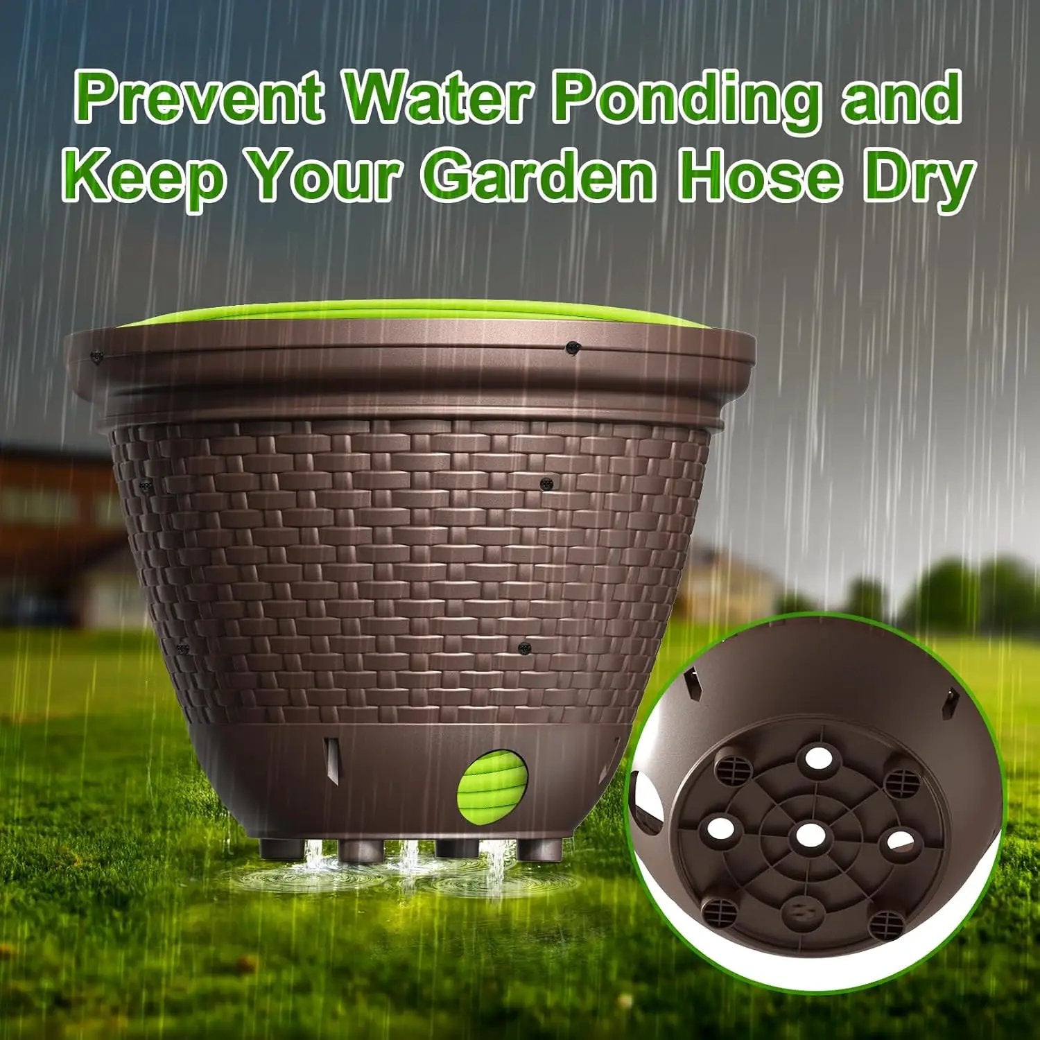 Riokko Garden Hose Holder Pot, Decorative Wicker Hose Holder, Water Hose Storage for Outside/Garage, Hose Box Fits 100-400 FT Hoses with 5 Drain Holes, Large Capacity & Assembly Required, Java by GreenHaven Gardens