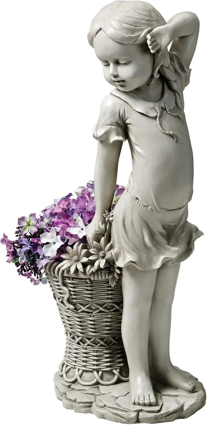 Design Toscano Frances the Flower Girl Outdoor Garden Statue with Planter, 21 Inch Tall, Cast Stone Resin, Antique Stone Finish by GreenHaven Gardens