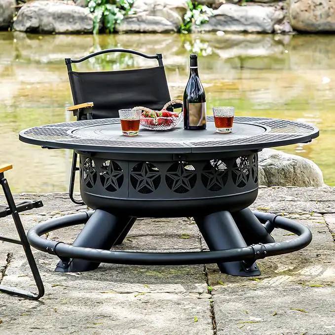 47 Inch Outdoor Fire Pit with 2 Grills, Extra Large BBQ Firepits for Outside, Metal Round Fire pits with Lid&Fire Poker,3 in 1 Wood Burning Outdoor Fireplaces for Backyard,Patio,Bonfire by GreenHaven Gardens