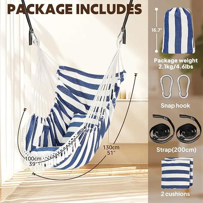 Chihee Hammock Chair Hanging Swing 2 Pillows Included,Strong Webbing Straps and Hooks for Easy Hanging Soft Cotton Hanging Chair Side Pocket Tassel Chair Comfort Indoor Outdoor Blue White by GreenHaven Gardens