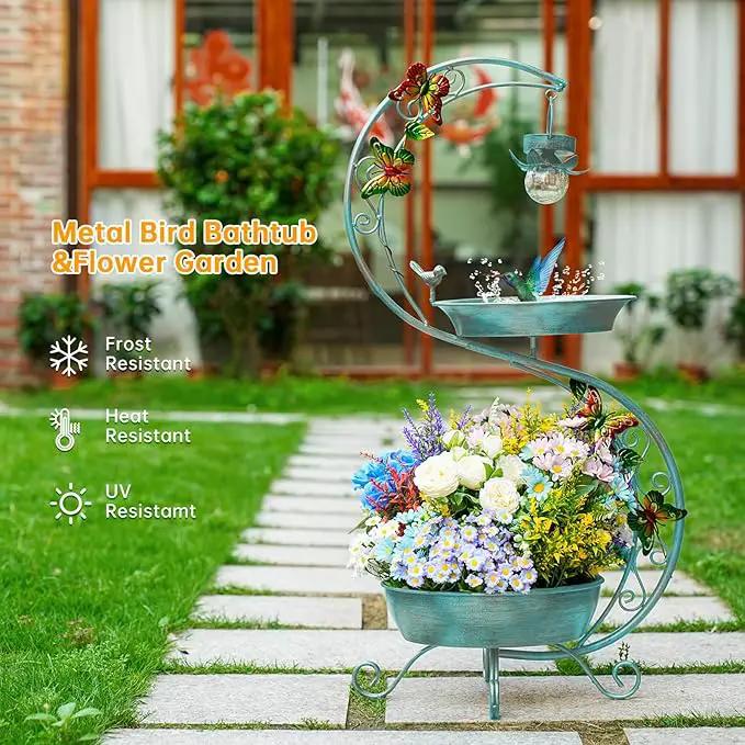 Bird Bath for Outside with Solar Lamp, 36" Birdbaths for Outdoors with Planter Flower Pot, Metal Bird Bath Bowl for Garden Yard Decor (All Blue Green) by GreenHaven Gardens