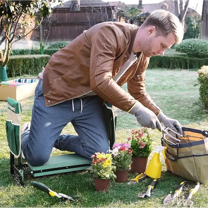 SONGMICS Garden Kneeler and Seat, Multifunctional Garden Kneeling Bench, Gardening Gifts for Women Men, Folding Gardening Stool, with 2 Tool Bags, 8-Inch Wide Kneeling Pad, Dark Green UGGK060L01 by GreenHaven Gardens