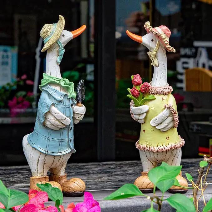 Garden Statues Couple Duck, Funny Cartoon Duck Garden Statues Indoor Outdoor Decorations Cute Ducks Art Décor Goose for Yard Home Garden Patio and Office (2- Pack) by GreenHaven Gardens